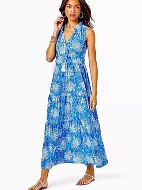 Lilly Pulitzer Malone Maxi Dress Boca Blue Croc & Lock It Floral Cotton  XXS